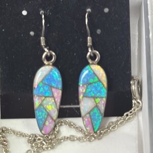 💙Vintage Elegant Sterling Silver Lab Mosiac Opal Necklace Pendant & Earrings